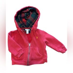 Ralph Lauren Kids 24 months Red Hooded Zip Sweatshirt with Plaid Lining Fleece